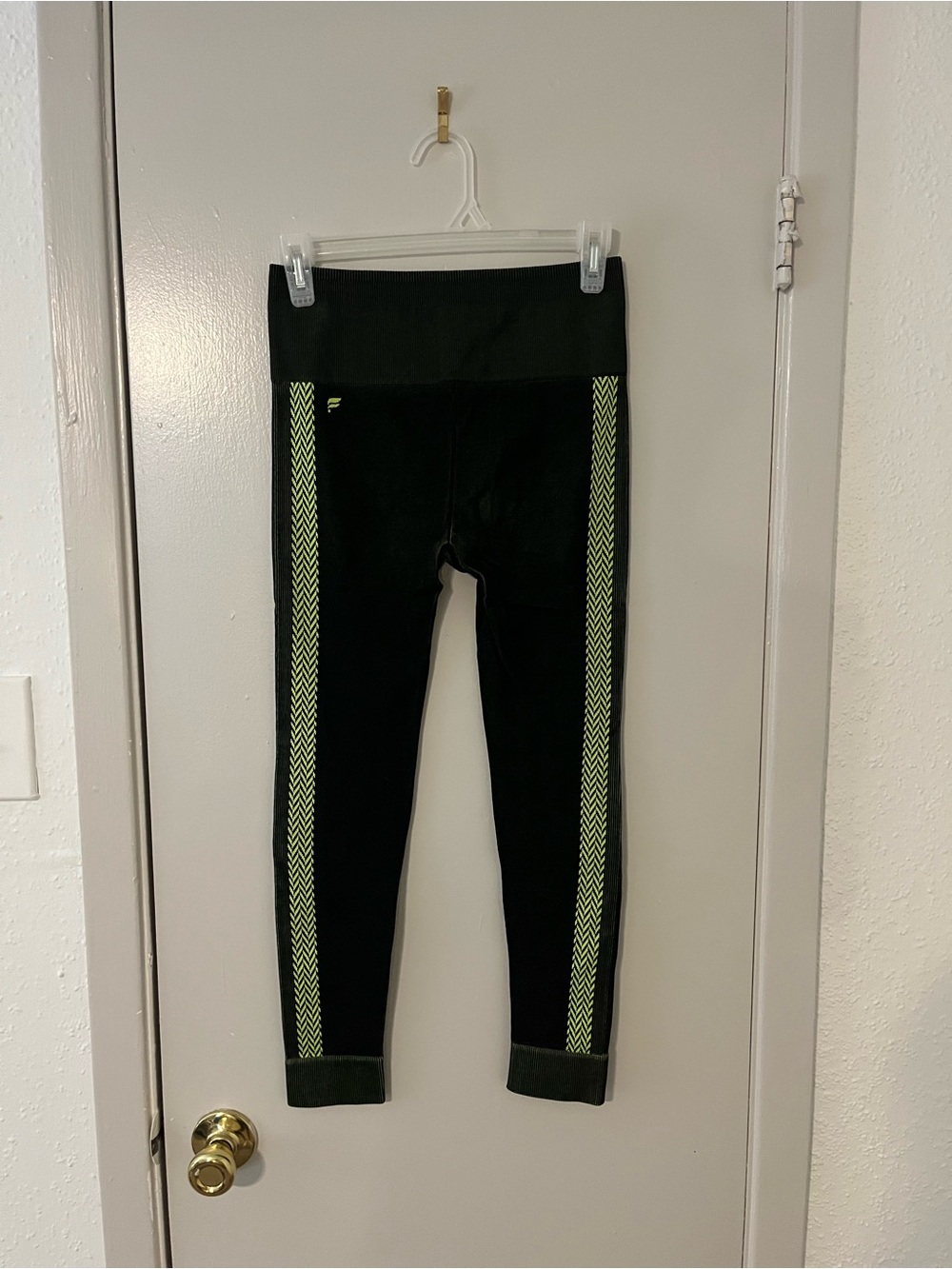 Fabletics Black Leggings with Neon Green Chevron Side Stripe